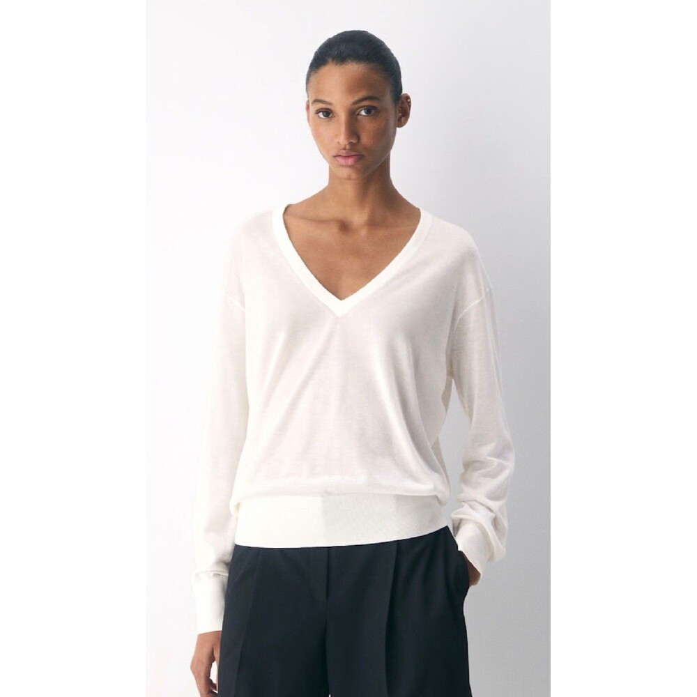 Babaton Aritzia Ivory V-Neck Silk Blend The Roster Sweater Long Sleeve Womens M